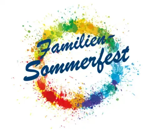 Colorful splash ring in rainbow colors with the lettering Familien-Sommerfest.