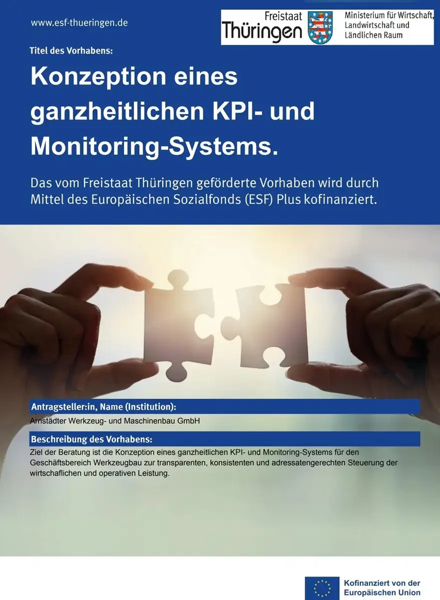Information poster regarding ESF Plus funding by the Free State of Thuringia for Arnstädter Werkzeug- und Maschinenbau GmbH, titled Konzeption eines ganzheitlichen KPI- und Monitoring-Systems.