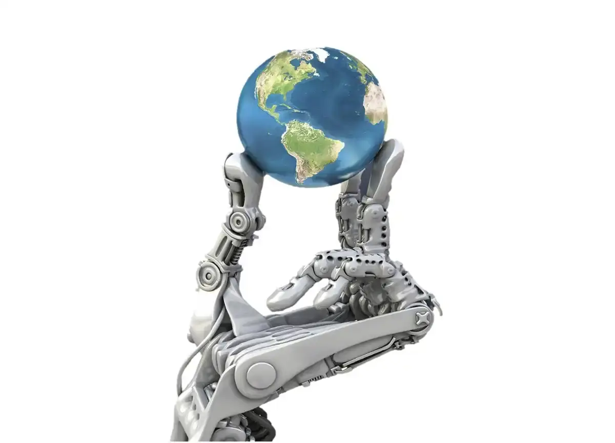 Symbolic representation of a robotic hand holding a globe, illustrating global automation solutions by AWM Arnstadt.