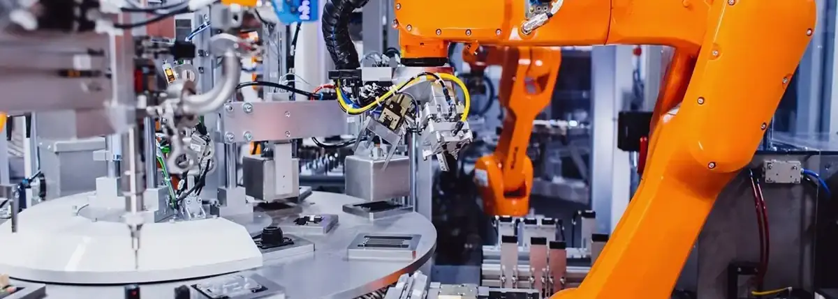 6-Achs-Industrieroboter mit kompakter Energiezuführung und Spezialgreifer zur automatisierten Bestückung von LED-Scheinwerfermodulen bei AWM Arnstadt.