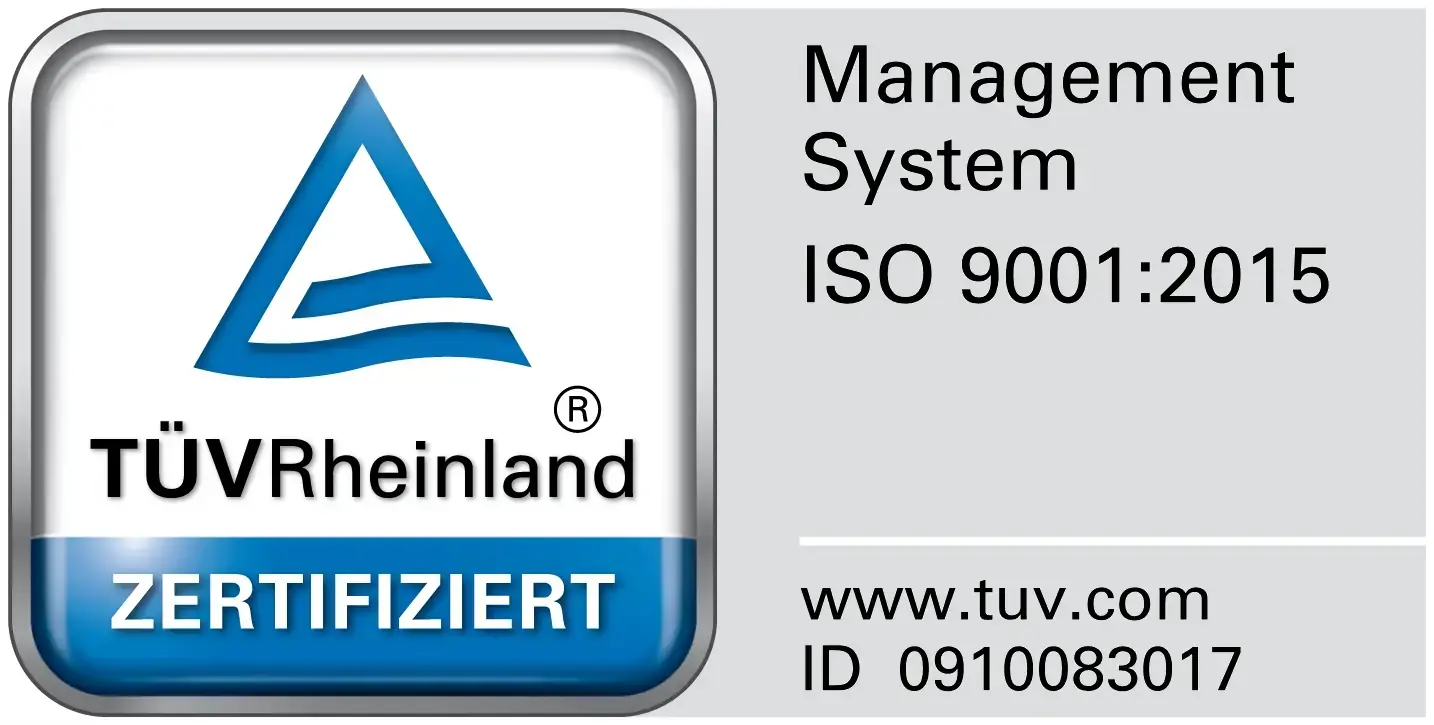 TÜV Rheinland certification mark for the ISO 9001:2015 quality management system of Arnstädter Werkzeug- und Maschinenbau GmbH.