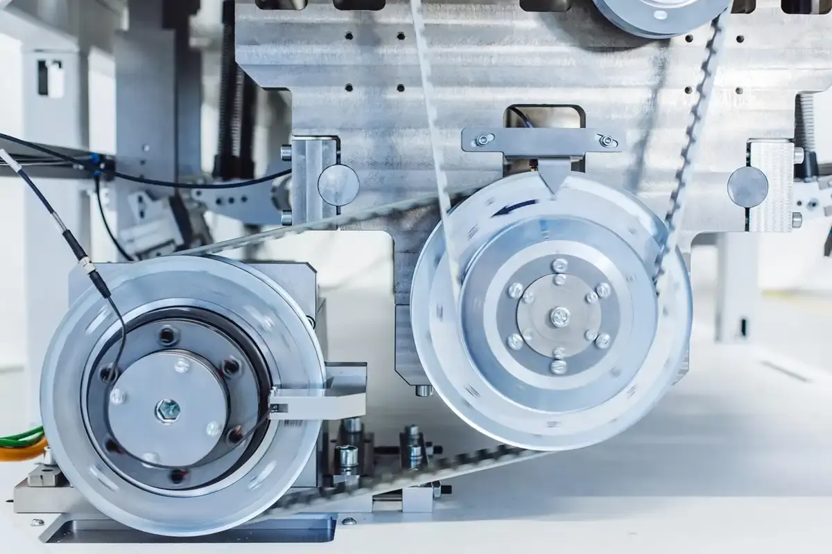 Close-up of a rotating belt and pulley drive system with timing belt guides and sensors on an AWM custom machine
