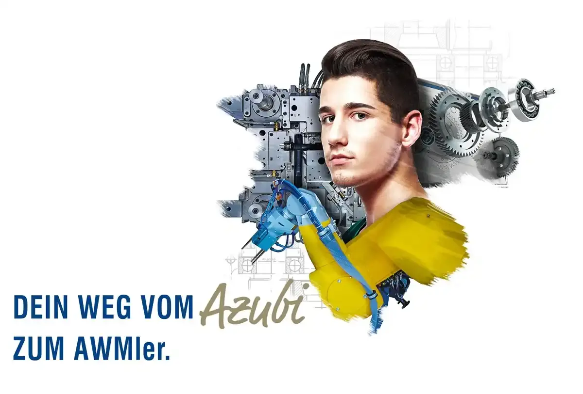 Recruitment banner by AWM Arnstadt reading Dein Weg vom Azubi zum AWMler featuring an apprentice, industrial robotic arm, and toolmaking components.