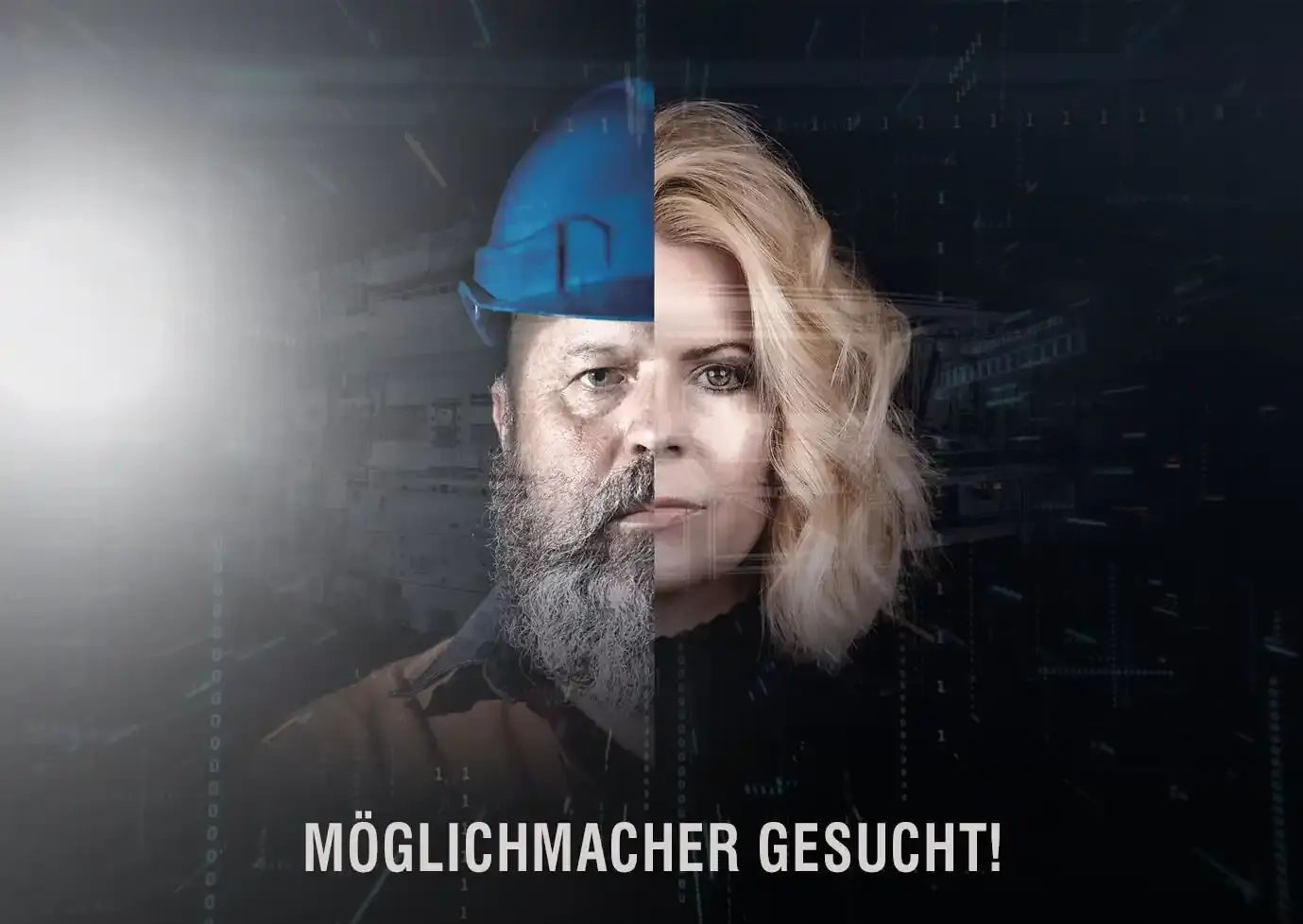 Recruitment graphic by AWM: Combined portrait of a man wearing a hard hat and a woman against a technical data background with the text Möglichmacher gesucht!