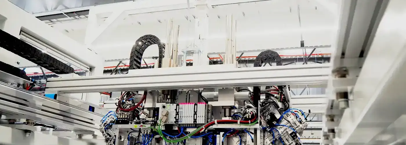 Ansicht eines über Kopf installierten Handhabungssystems mit pneumatischer Verkabelung und Steuerungseinheiten für automatisierte Fertigungsprozesse im Sondermaschinenbau bei AWM Arnstadt.